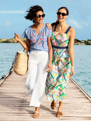 BLUEBELL/WHITE LINEN COTTON TOP - EMBROIDERED SEASHELL | Talbots online