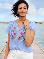 BLUEBELL/WHITE LINEN COTTON TOP - EMBROIDERED SEASHELL | Talbots online