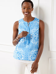 LAKESIDE BLUE/WHITE TIE NECK SHELL - PLACED MEDALLION | Talbots discount