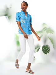 LAKESIDE BLUE MULTI SMOCKED SLEEVE TOP - LEAFY GARDEN | Talbots sale