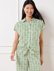 WHITE/OLIVE GROVE TIE HEM BUTTON FRONT LINEN TOP - PRETTY MEDALLION | Talbots online
