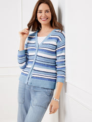 LIGHT CHAMBRAY MULTI MIXED STITCH V-NECK CARDIGAN | Talbots US