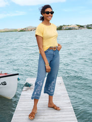 HIGH WAIST WIDE CROP EMBROIDERED JEANS - LACEY WASH | Talbots online