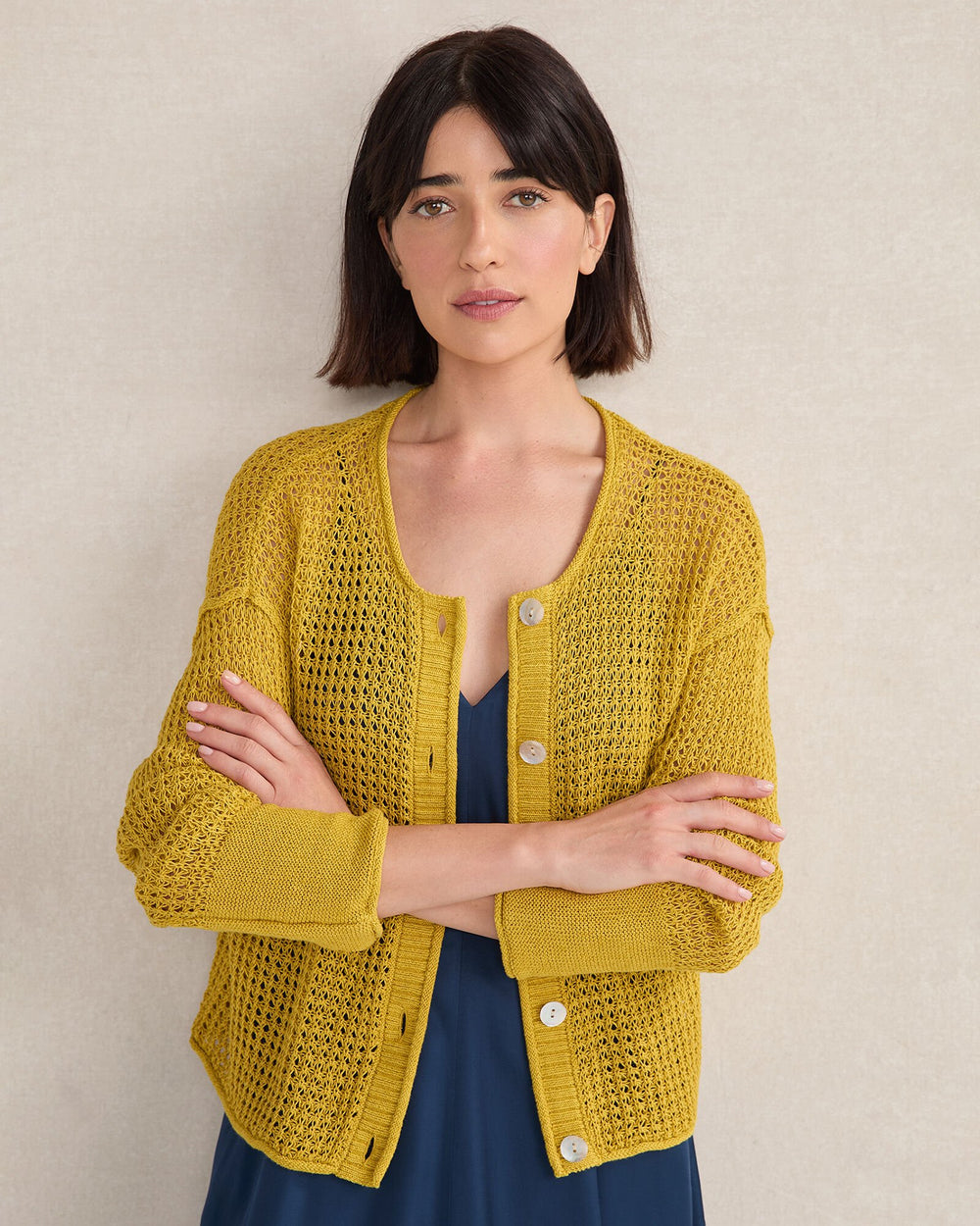 BAMBOO SHOOT ORGANIC COTTON LINEN OPEN STITCH CARDIGAN | Talbots for sale
