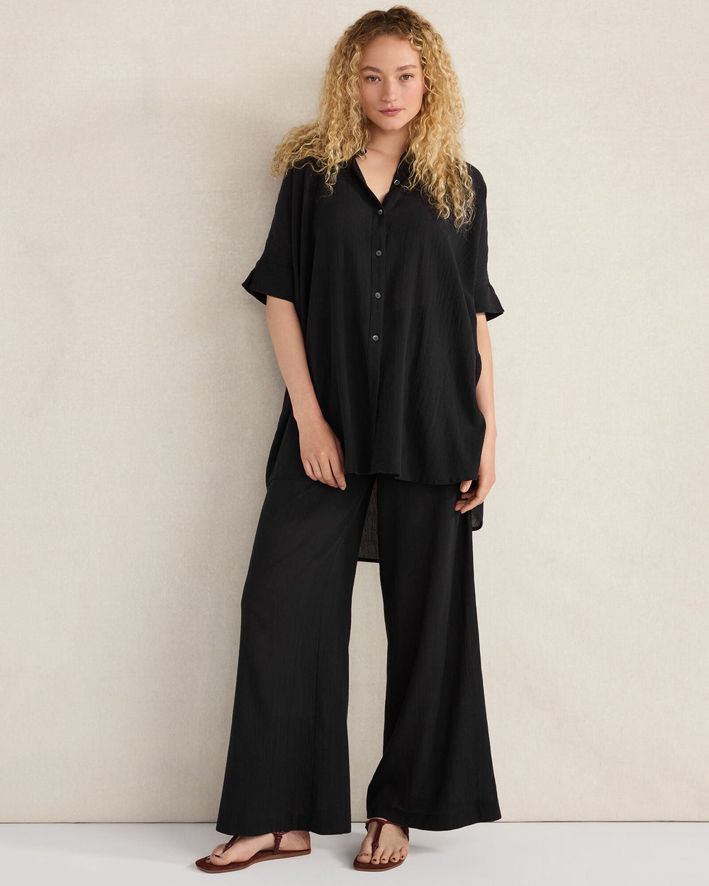 BLACK ORGANIC COTTON CRINKLE GAUZE BUTTON DOWN | Talbots for sale