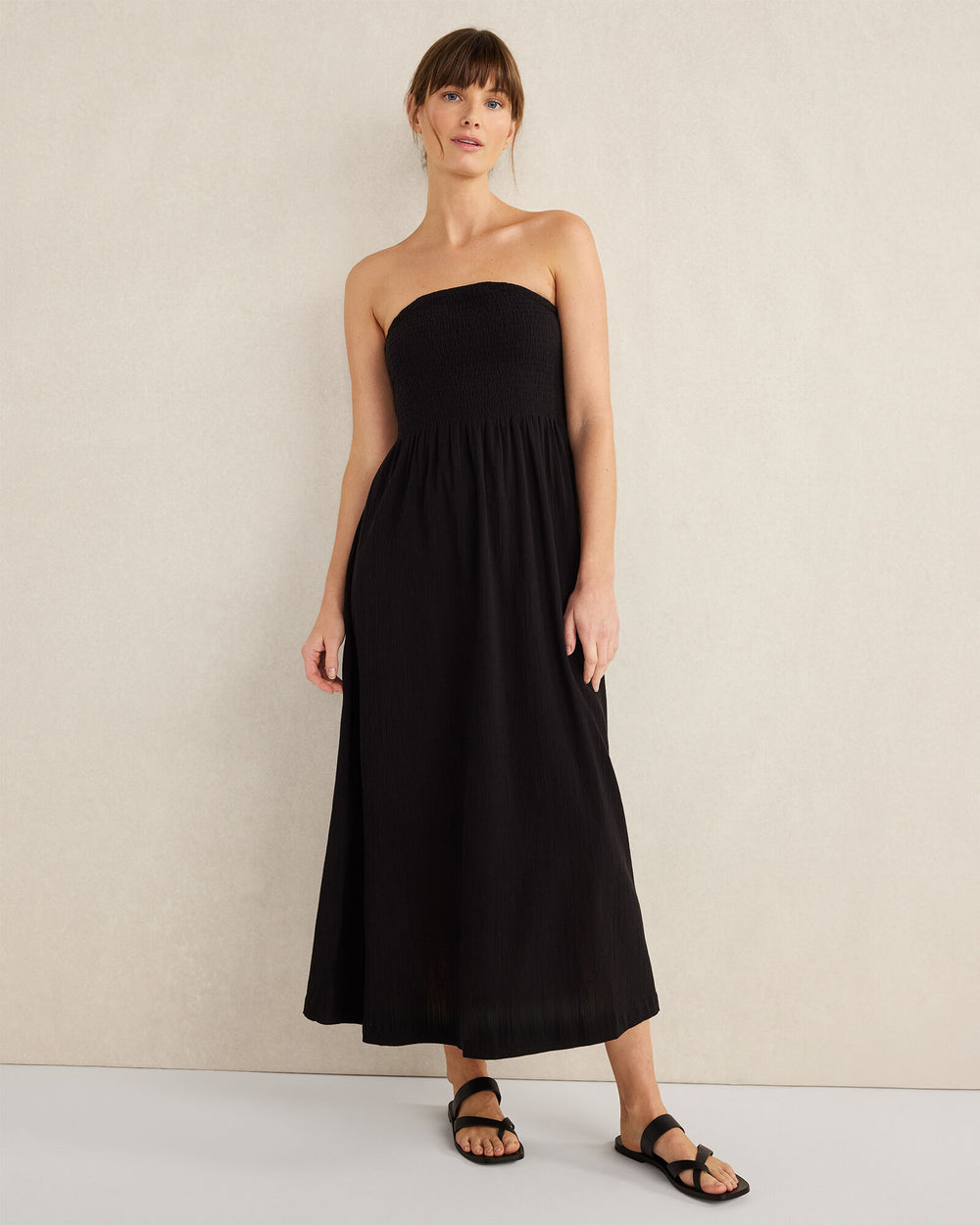 BLACK|HAZE ORGANIC COTTON CRINKLE GAUZE STRAPLESS DRESS | Talbots online