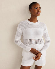 TWILIGHT|WHITE|WIND ORGANIC COTTON OPEN STITCH CREWNECK SWEATER | Talbots sale