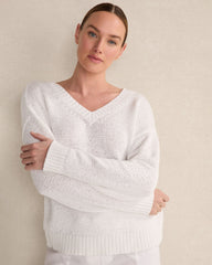 GARNET|WHITE ORGANIC COTTON FLAT TAPE V-NECK SWEATER | Talbots for sale