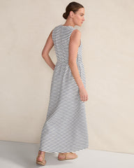 IVORY/INDIGO COTTON BLEND TEXTURED STRIPE MIDI DRESS | Talbots sale