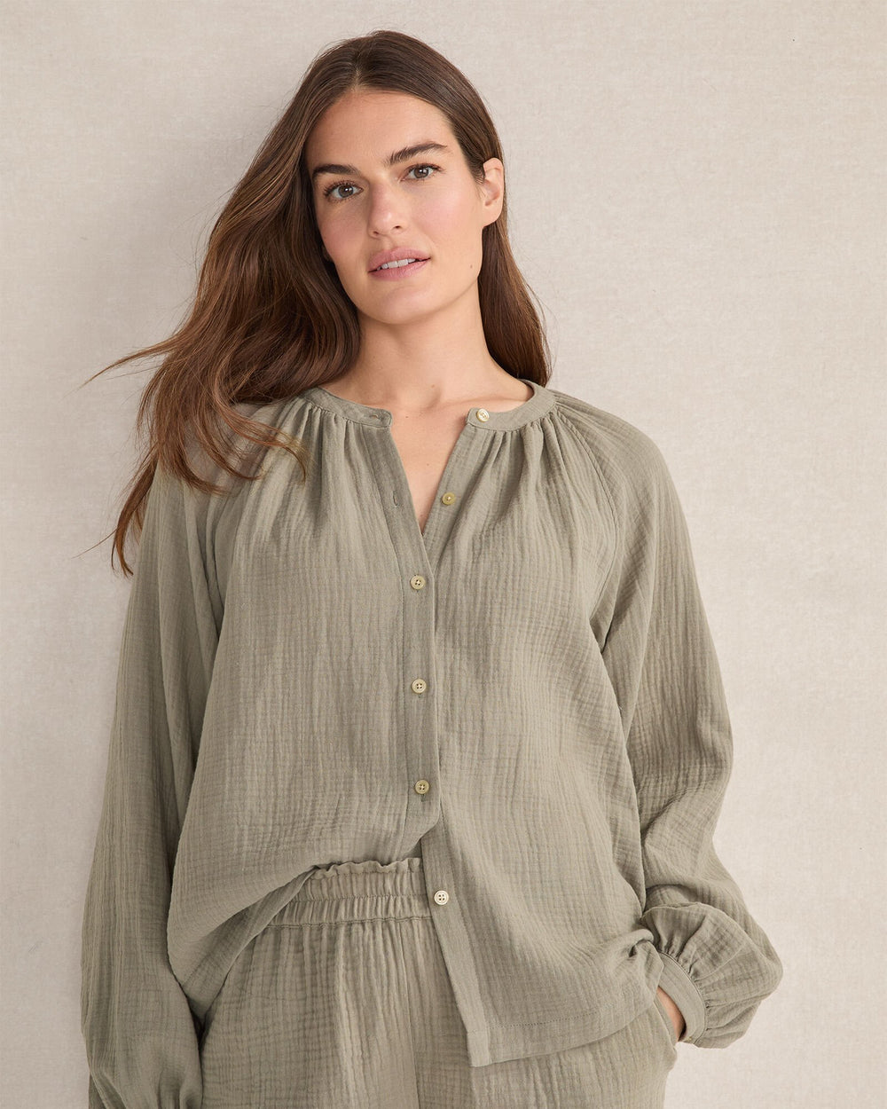 CORTADO|VETIVER|WHITE ORGANIC COTTON GAUZE LONG SLEEVE TOP | Talbots discount