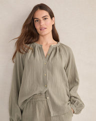 CORTADO|VETIVER|WHITE ORGANIC COTTON GAUZE LONG SLEEVE TOP | Talbots discount