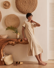 CORTADO/IVORY|WIND/WHITE|PEAR SORBET/WHITE ORGANIC COTTON INTERLOCK STRIPE T-SHIRT DRESS | Talbots on sale