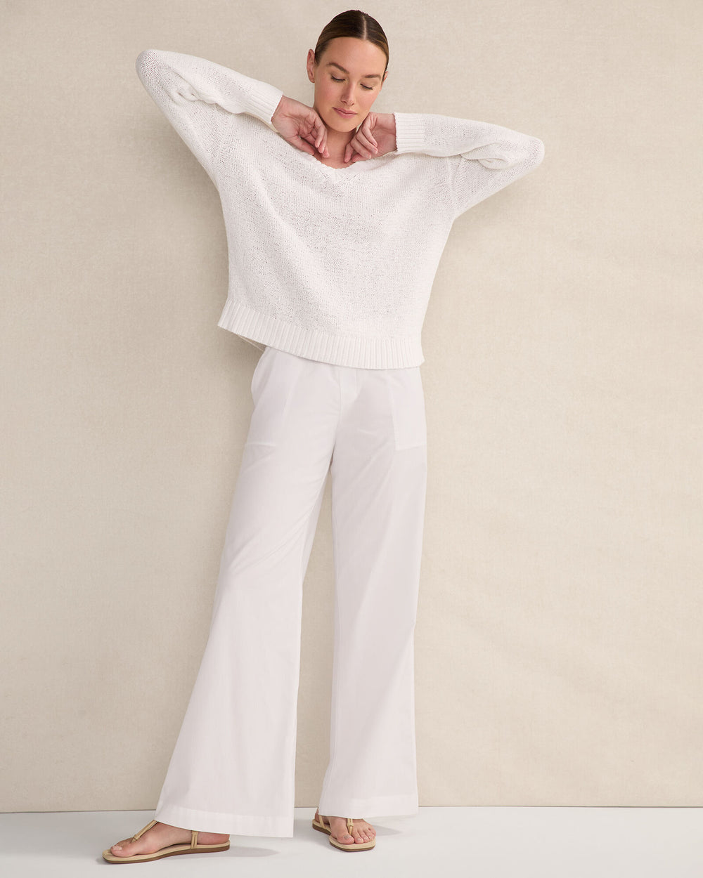 WHITE ORGANIC COTTON POPLIN WIDE LEG PANTS | Talbots discount
