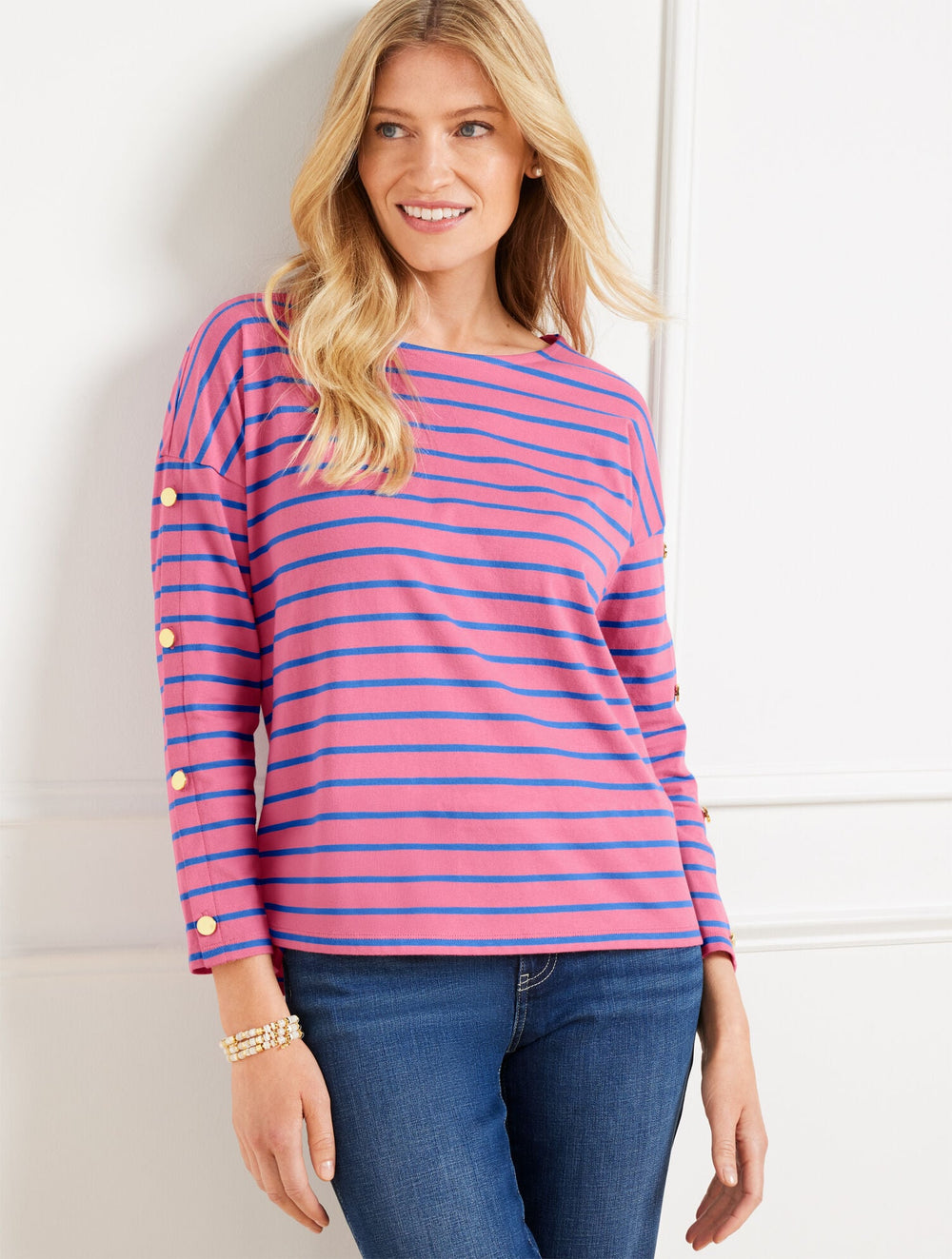 PETUNIA PINK/AZURE BLUE BUTTON SLEEVE CREWNECK TEE - STRIPE | Talbots near me
