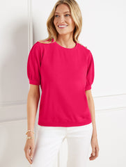 BRIGHT ROSE BUTTON SHOULDER CREWNECK SWEATSHIRT | Talbots US