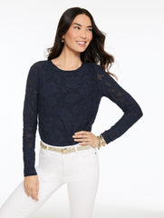 INDIGO BLUE|IVORY LONG SLEEVE CREWNECK TEE - FLORAL | Talbots outlet