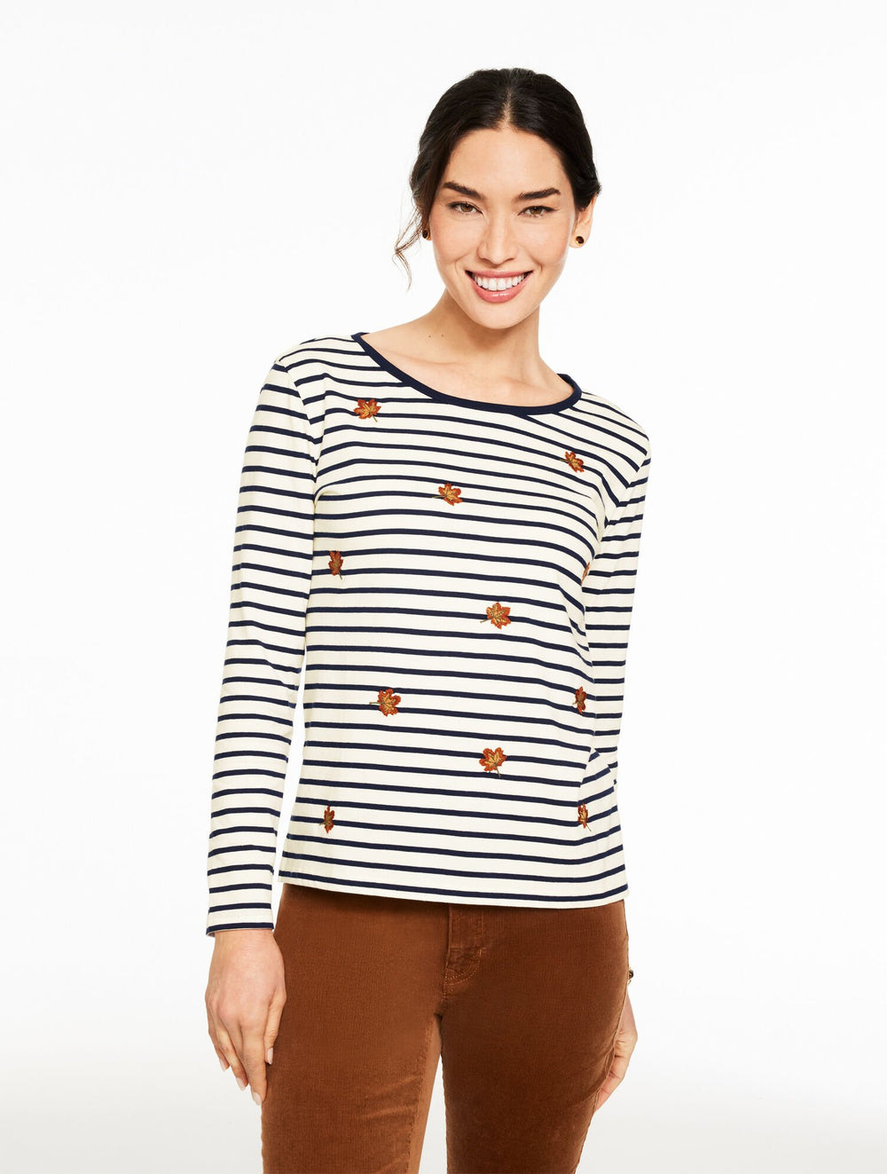 IVORY/INDIGO LONG SLEEVE CREWNECK TEE - FALLING LEAVES | Talbots on sale