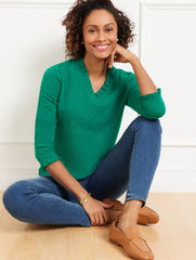 LIGHT AZALEA HEATHER|LUSH GREEN HEATHER POINTELLE V-NECK PULLOVER | Talbots on sale