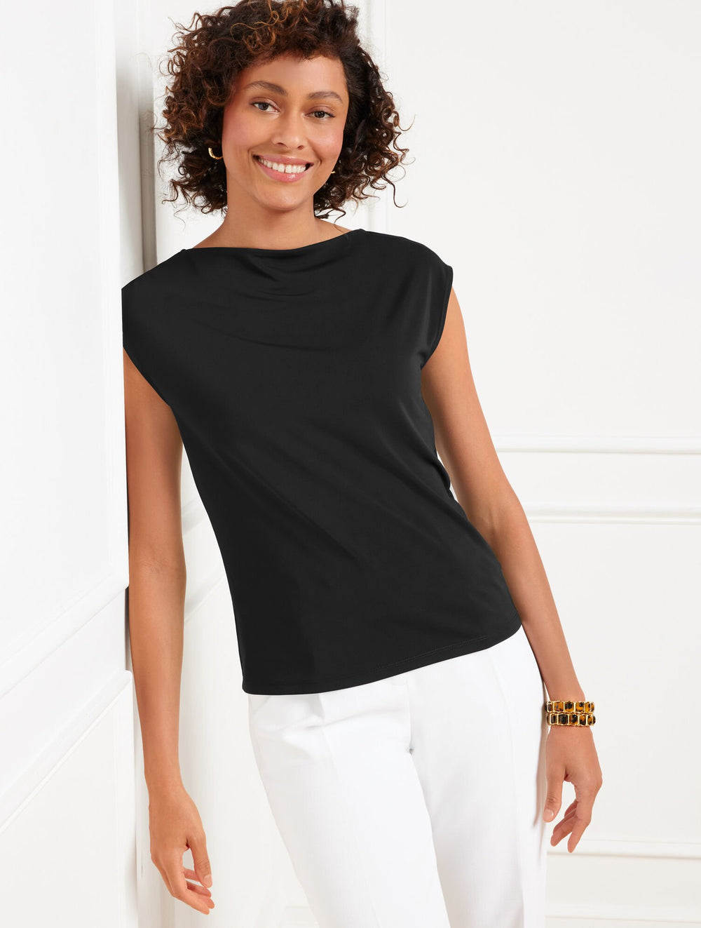 BLACK MATTE JERSEY FUNNEL NECK SHELL | Talbots on sale