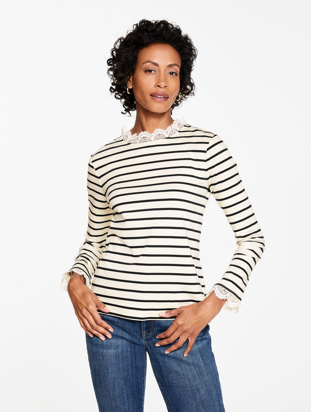 IVORY/BLACK LACE TRIM CREWNECK TEE - SAYBROOK STRIPE | Talbots US