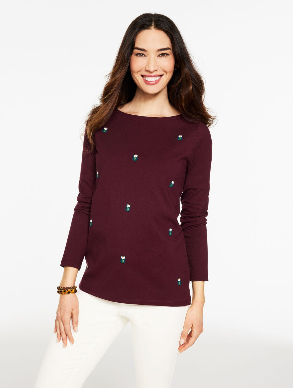 RICH BURGUNDY LONG SLEEVE BATEAU NECK TEE - OWL | Talbots outlet