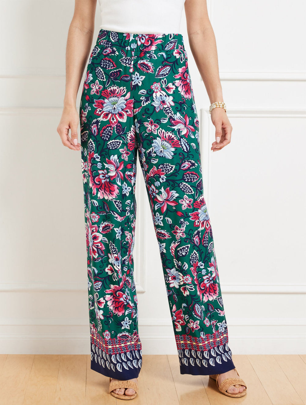 LUSH GREEN MULTI WIDE LEG PULL-ON PANTS - GORGEOUS GARDEN | Talbots US