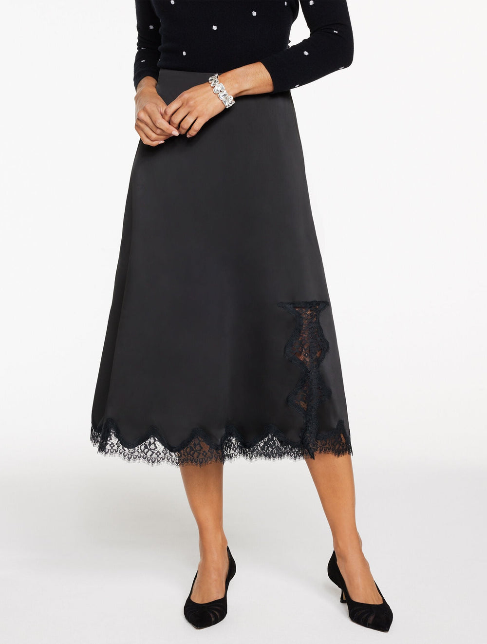 BLACK LACE TRIM SATIN MIDI SKIRT | Talbots outlet