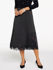 BLACK LACE TRIM SATIN MIDI SKIRT | Talbots outlet