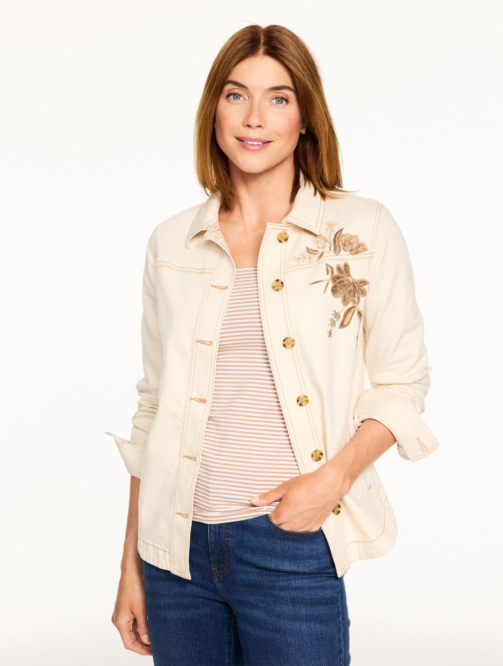 NATURAL EMBROIDERED DENIM SHIRT JACKET | Talbots near me