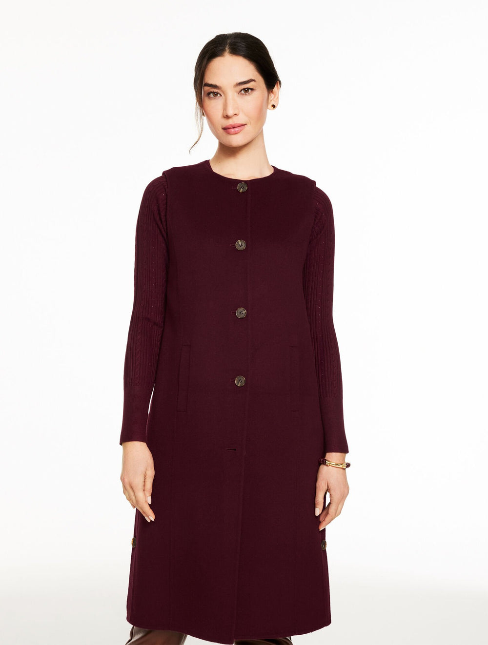 RICH BURGUNDY DOUBLE FACE WOOL BLEND TOPPER VEST | Talbots outlet