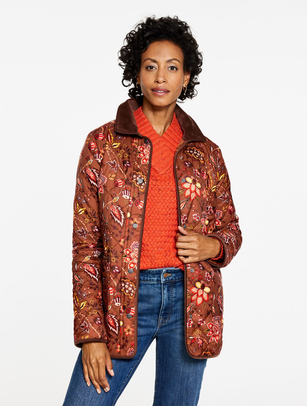 ACORN BROWN/AUTUMN ORANGE QUILTED BARN JACKET - BLOOMING JACOBEAN | Talbots near me