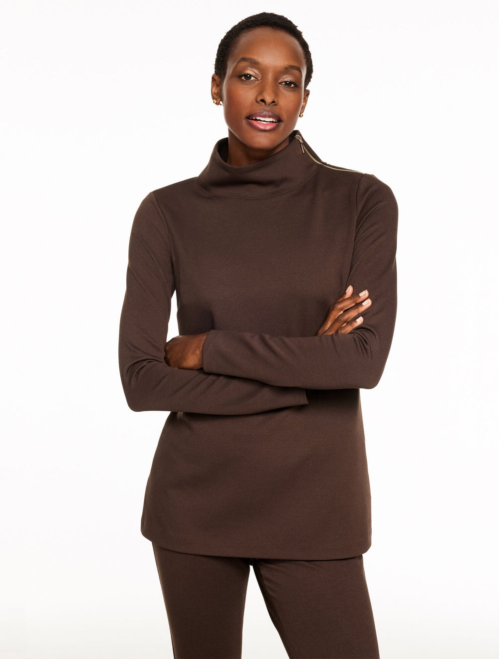 BLACK|COFFEE BEAN PASSPORT PONTE ZIP SHOULDER TUNIC PULLOVER | Talbots sale