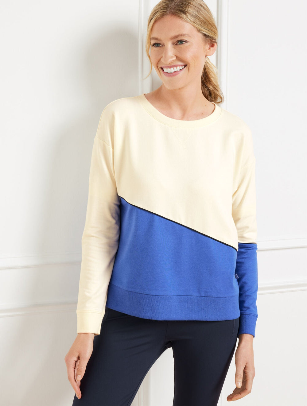 IVORY/BISCAYNE BLUE|IVORY/TOFFEE BROWN CREWNECK SWEATSHIRT - COLORBLOCK | Talbots near me