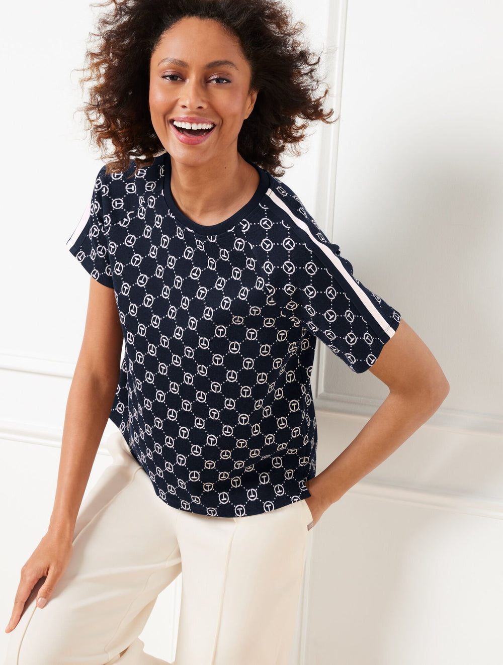 INDIGO/IVORY LOGO JACQUARD CREWNECK BOXY TEE | Talbots outlet