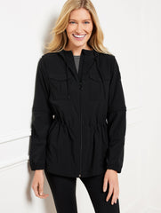 BLACK LIGHTWEIGHT WOVEN STRETCH HOODED CONVERTIBLE JACKET | Talbots sale