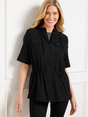 BLACK LIGHTWEIGHT WOVEN STRETCH HOODED CONVERTIBLE JACKET | Talbots sale
