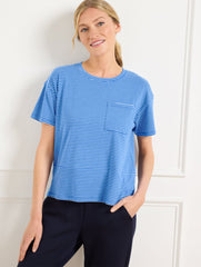BISCAYNE BLUE/IVORY|BLACK/IVORY SUPERSOFT JERSEY BOXY CREWNECK TEE - ESSEX STRIPE | Talbots US