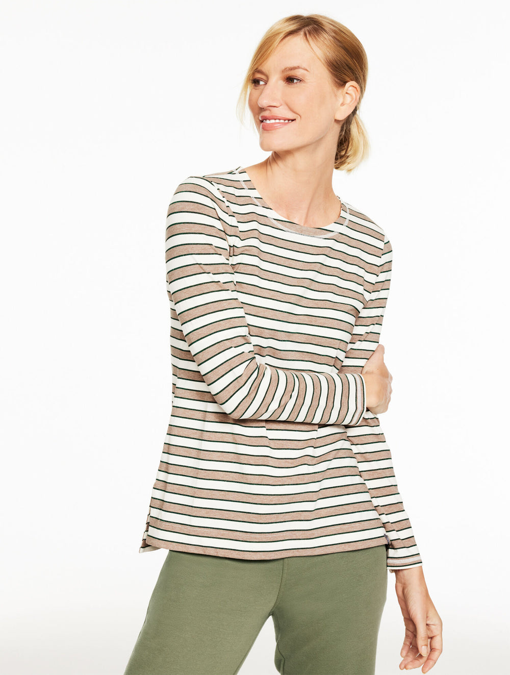 DUSTY MOCHA HTHR/IVORY SUPERSOFT JERSEY CREWNECK TEE - BATTERSEA STRIPE | Talbots near me