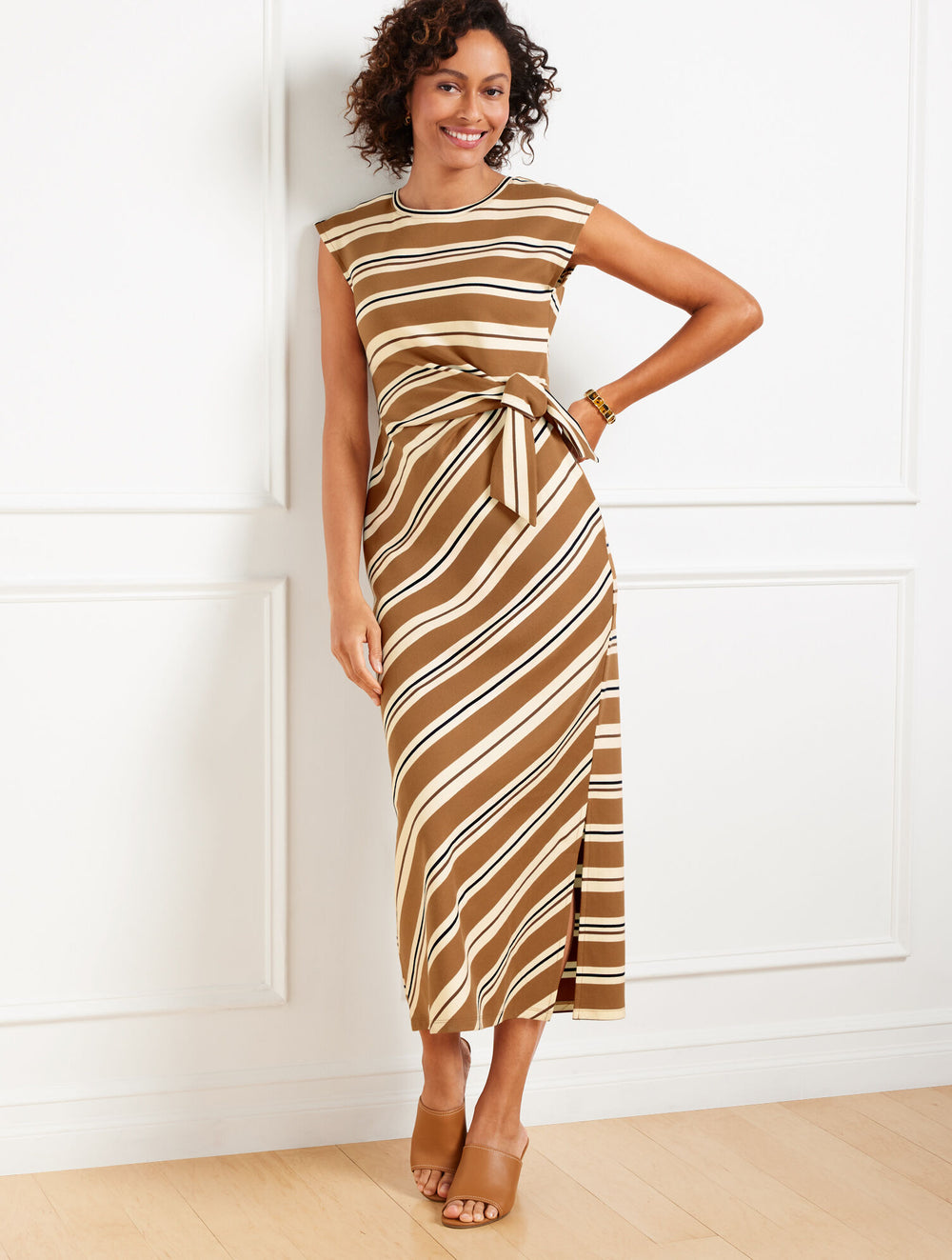 SIERRA BROWN/MEZZO BROWN SIDE TIE MIDI DRESS - VARIEGATED STRIPE | Talbots online