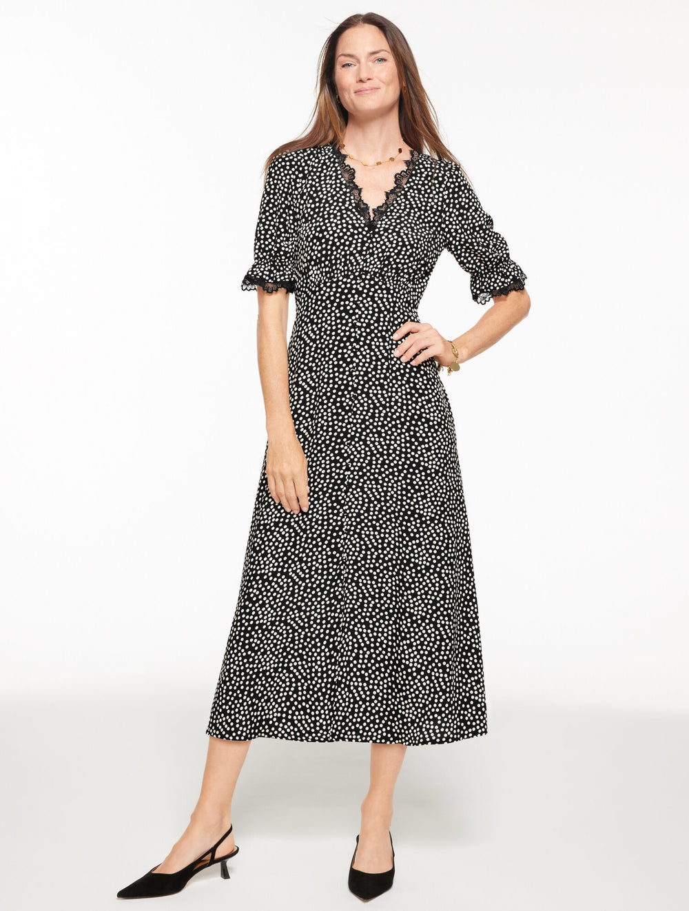 BLACK/IVORY FIT & FLARE MIDI DRESS - DARLING DOT | Talbots on sale
