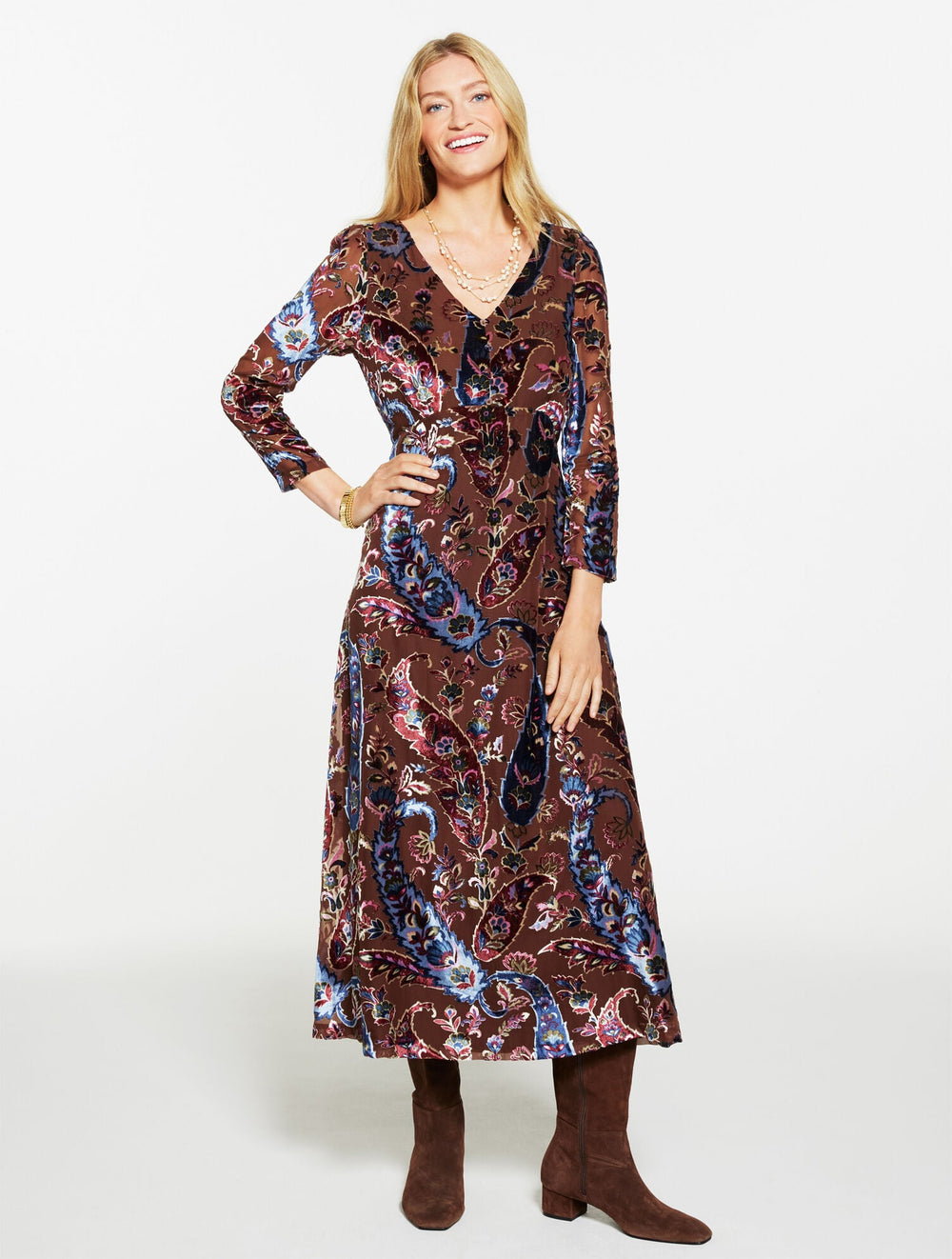 DARK WALNUT MULTI BURNOUT VELVET FIT & FLARE DRESS - FLORAL PAISLEY | Talbots for sale