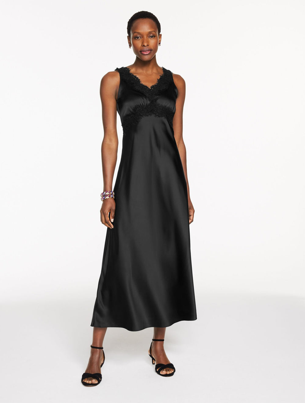 BLACK LACE TRIM SATIN MIDI DRESS | Talbots sale