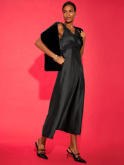 BLACK LACE TRIM SATIN MIDI DRESS | Talbots sale