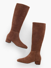 BLACK|DARK WALNUT PERLA TALL SUEDE BLOCK HEEL BOOTS | Talbots sale