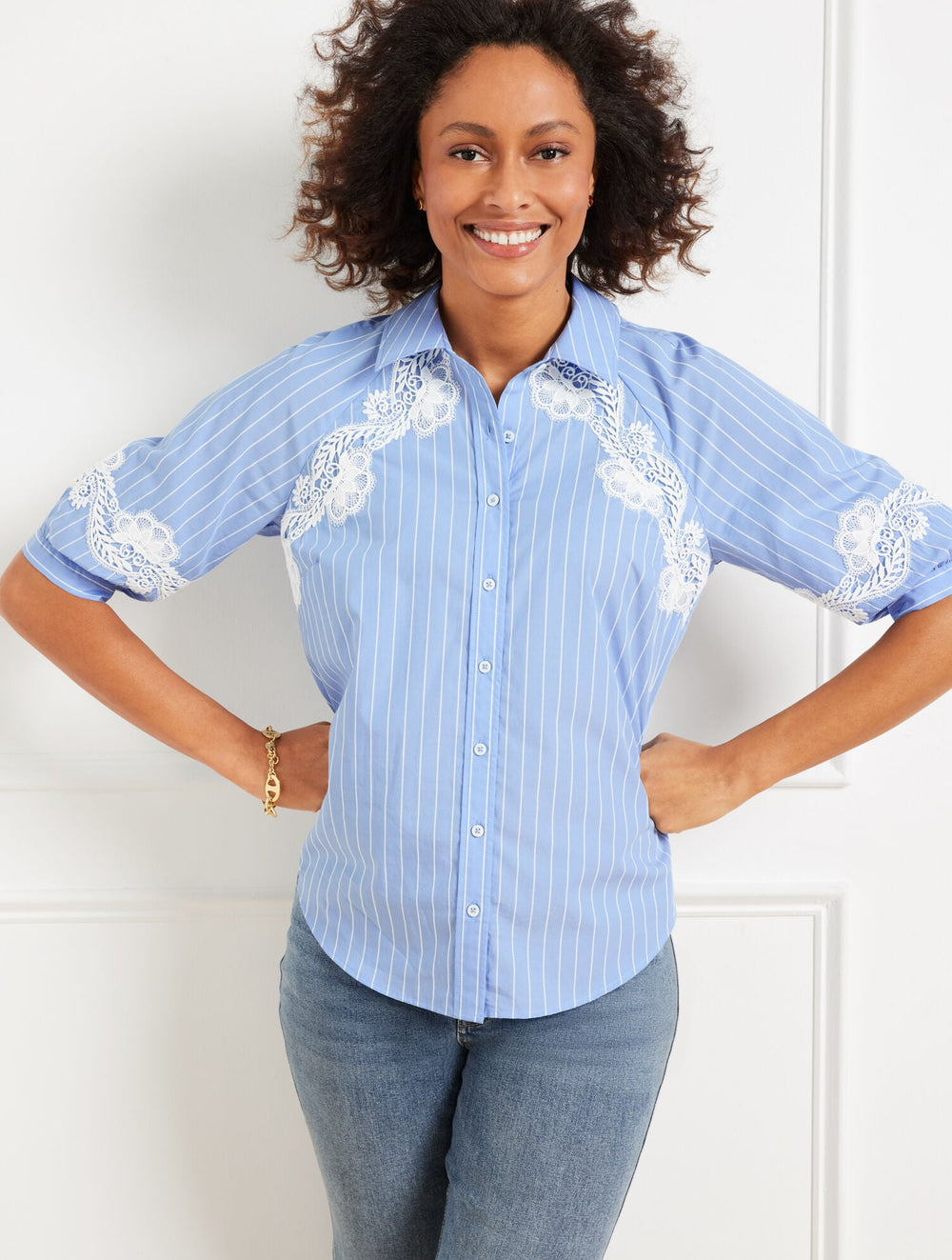 BLUE/WHITE LACE TRIM POPLIN SHIRT - CRISP STRIPE | Talbots on sale