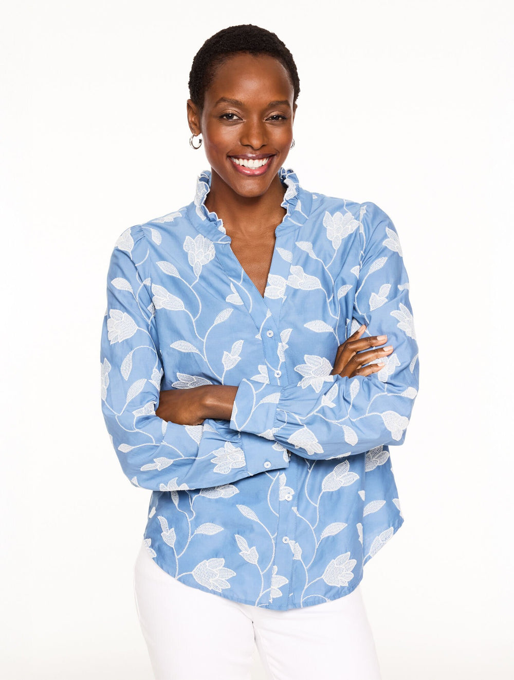 BLUE/IVORY EMBROIDERED TOP - HYDE PARK BLOSSOMS | Talbots US