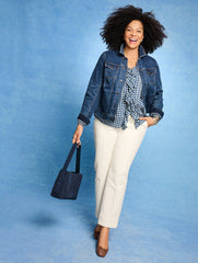 BLUE/WHITE PINTUCK RUFFLE TRIM TOP - REGENT CHECK | Talbots discount
