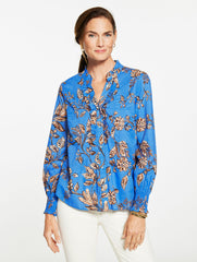 AZURE BLUE MULTI SMOCKED CUFF RUFFLE TOP - FLORAL SYMPHONY | Talbots on sale