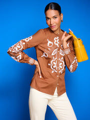ACORN BROWN EMBROIDERED POPLIN TOP | Talbots discount