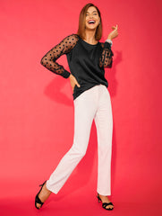 BLACK SOFT SATIN CHARMEUSE MESH SLEEVE TOP – GLITTER DOT | Talbots on sale